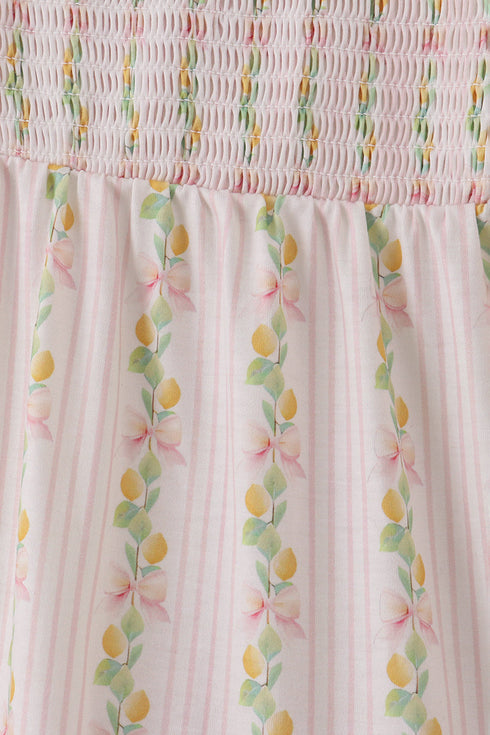 Pink lemon print bow smocked tiered mom&me dress