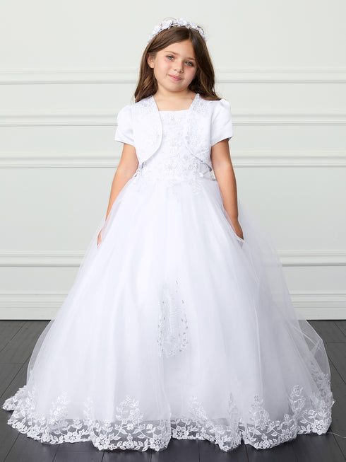 Girls First Communion Dress with Lace Bodice & Tail Skirt 7-18
