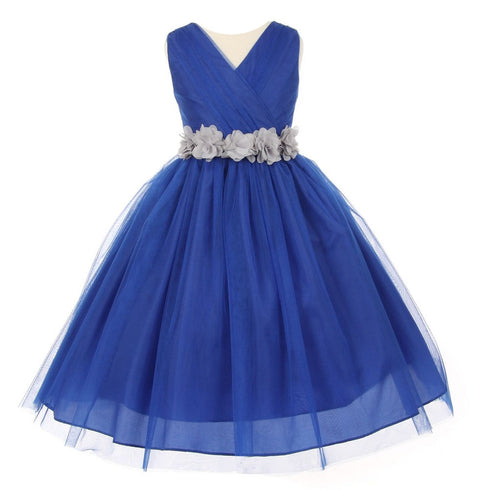 Little Girls Royal Blue Silver Chiffon Floral Sash Tulle Flower Girl Dress 2-6 - SophiasStyle.com