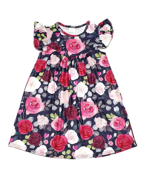 dark-color-rose-floral-milk-silk-flutter-dress Great Lakes kids - Sophia's Style-3