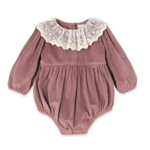 mauve-velvet-baby-romper-lace-collar-special-occasion-Tesa Babe at Sophia's StyleBaby Girl Clothes-1