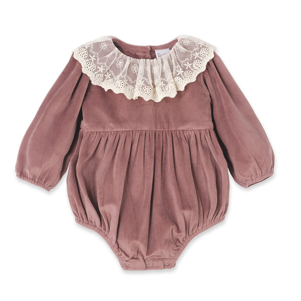 mauve-velvet-baby-romper-lace-collar-special-occasion-Tesa Babe at Sophia's StyleBaby Girl Clothes-1