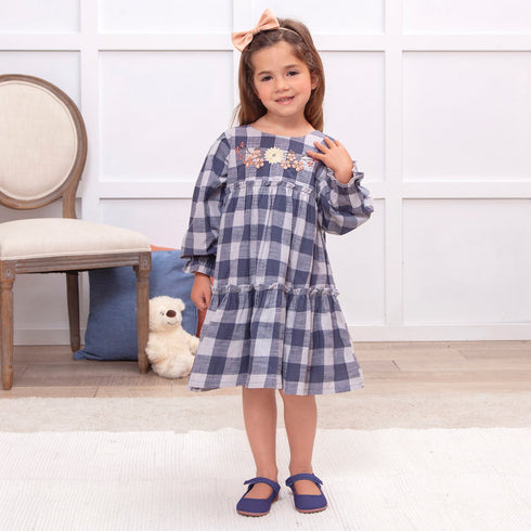 buffalo-check-girls-cotton-dress-with-floral-embroidery-ruffles- at Sophia's Style-2