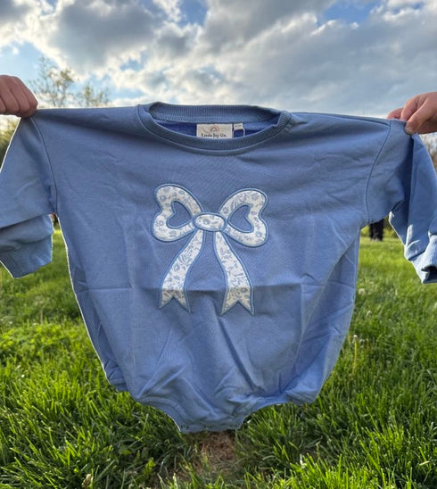 blue-toile-applique-bow-sweatshirt-romper-or-crewneck Little Joy Co - Sophia's Style-4