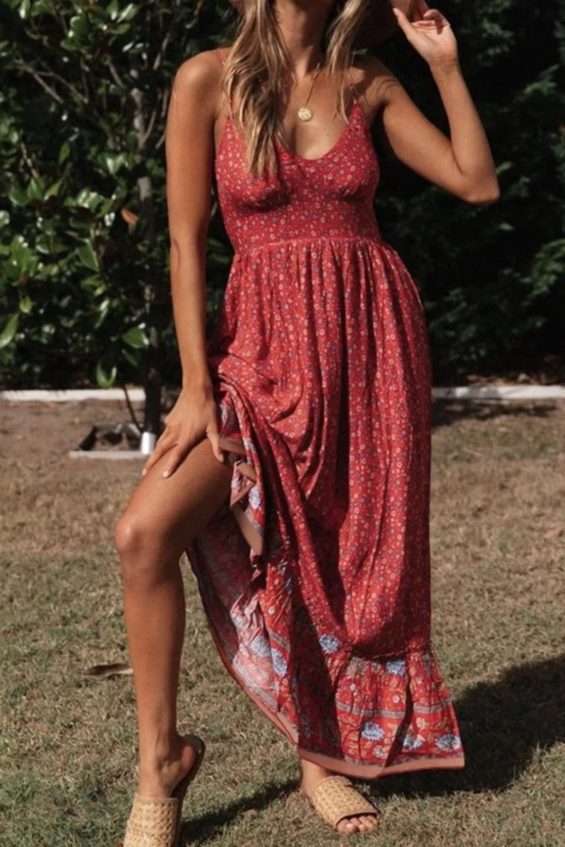 Printed Maxi Cami Dress at Sophia's Style Deep Red / 2XL
