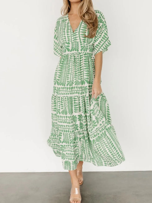 ruched-printed-v-neck-half-sleeve-midi-dress OhSoStyled - Sophia's Style in Light Green-1