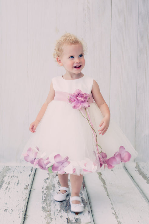 Baby Girls Ivory Multi Color Satin Floating Petals Sash Flower Girl Dress 6-24M