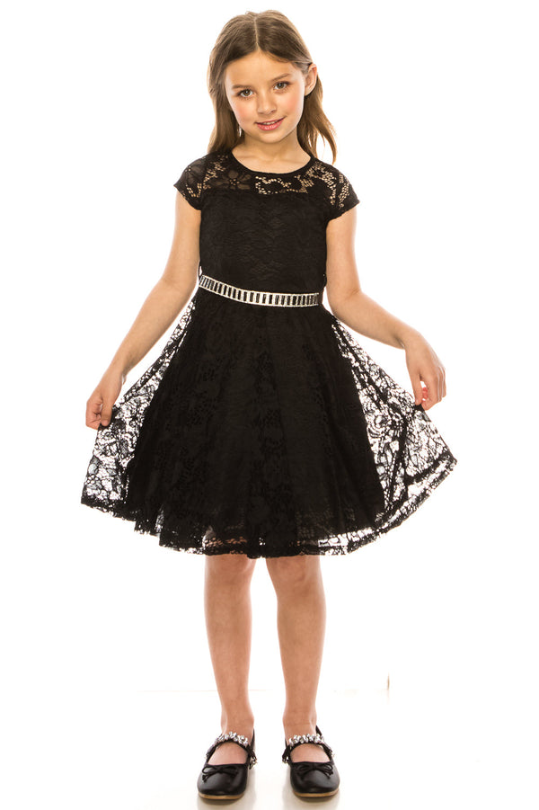 Big Girls Multi-Color Lace Glitter Stone Belt Special Occasion Skater Dress 8-14 - SophiasStyle.com