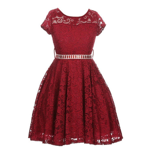 Little Girls Lace Glitter Stone Belt Special Occasion Skater Dress 2-6 - SophiasStyle.com