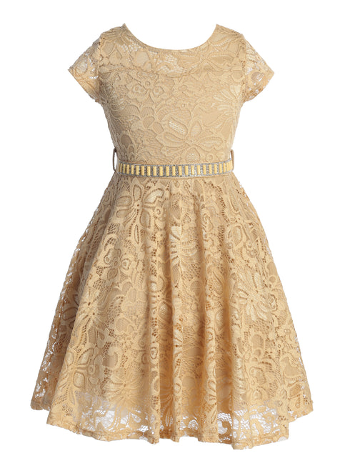 Big Girls Black Lace Glitter Stone Belt Ocasión especial Skater Dress 8-14