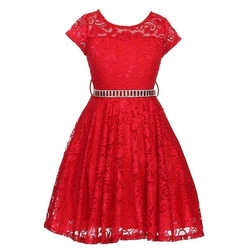 Big Girls Lace Glitter Stone Belt Special Occasion Skater Dress 8-14 - SophiasStyle.com