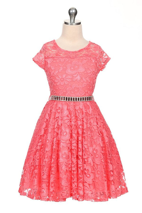 Big Girls Black Lace Glitter Stone Belt Ocasión especial Skater Dress 8-14
