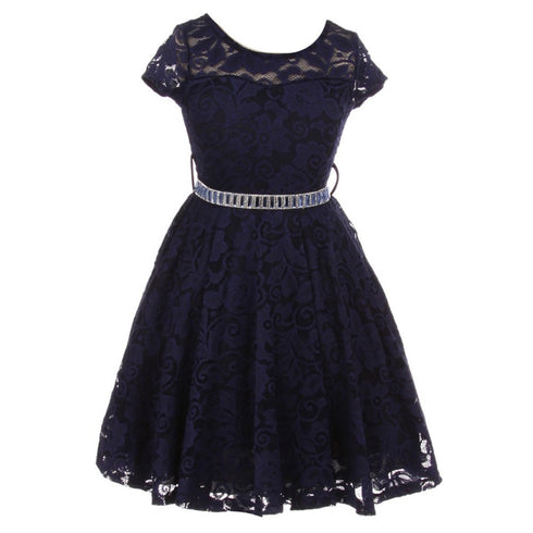 Big Girls Lace Glitter Stone Belt Special Occasion Skater Dress 8-14 - SophiasStyle.com