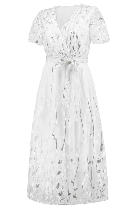 sequin-leaf-embroidery-tie-front-short-sleeve-dress Sophia's Trends - Sophia's Style--