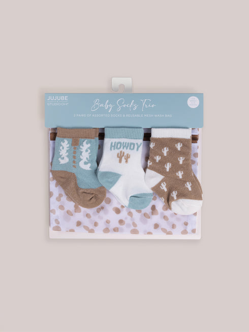 baby-socks-trio-howdy-partner-blue jujube bags at sophiasstyle.com