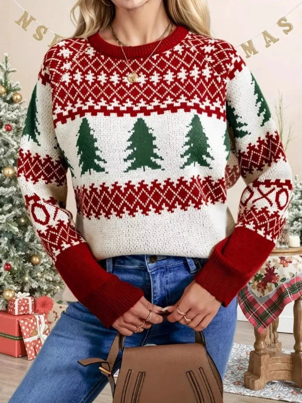 christmas-tree-pattern-round-neck-sweater-Sophia's Style-1