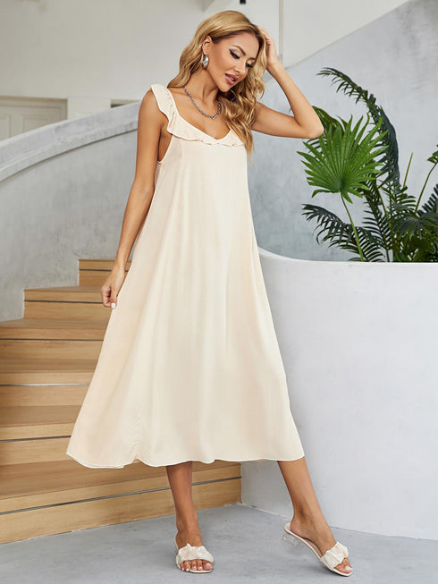 ruffled-v-neck-midi-dress Sophia's Trends - Sophia's Style-Cream-L
