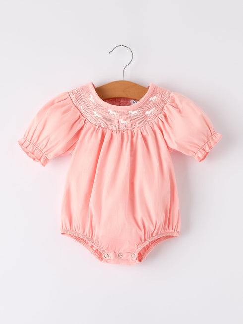 girls-horse-smocking-embroidered-coral-romper-Sophia's Style-Romper-1