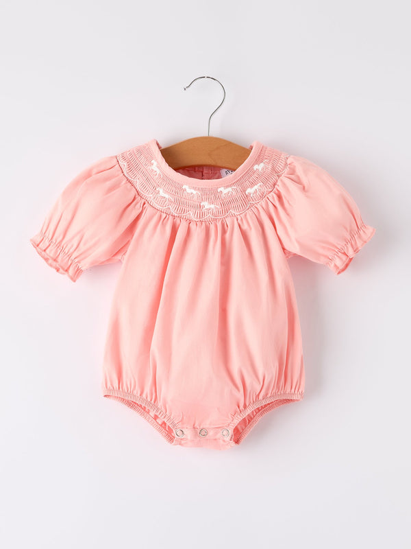 girls-horse-smocking-embroidered-coral-romper-Sophia's Style-Romper-1