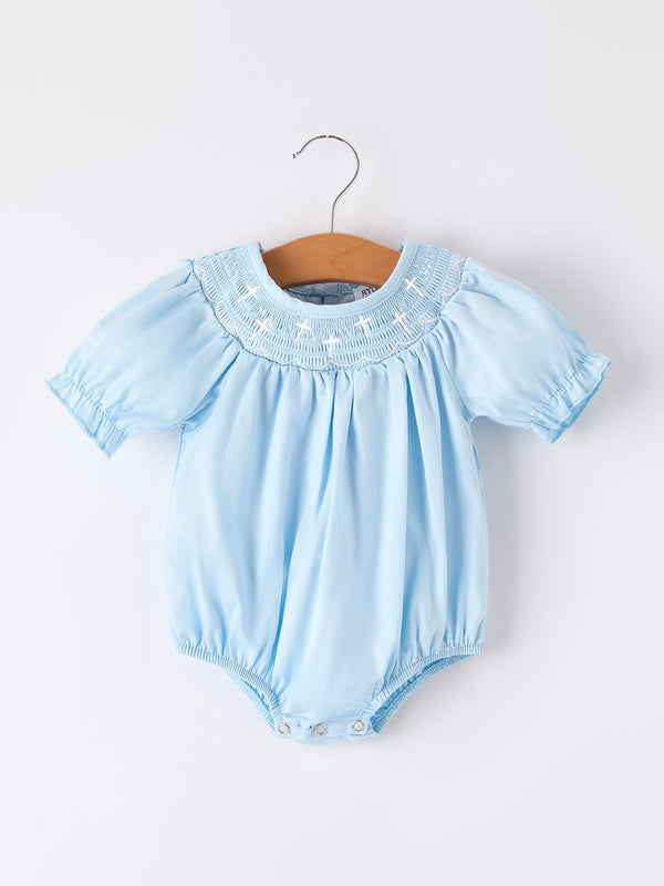 girls-cross-smocking-embroidered-blue-romper Rylee Faith Designs - Sophia's StyleRomper-1