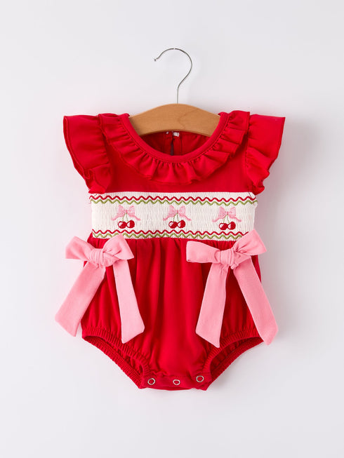 red-cherry-bow-plaid-smocking-embroidery-girls-romper Rylee Faith Designs - Sophia's StyleRomper-1
