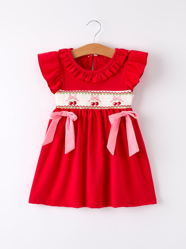 red-cherry-bow-smocking-embroidery-girls-dress Rylee Faith Designs - Sophia's StyleDress-1