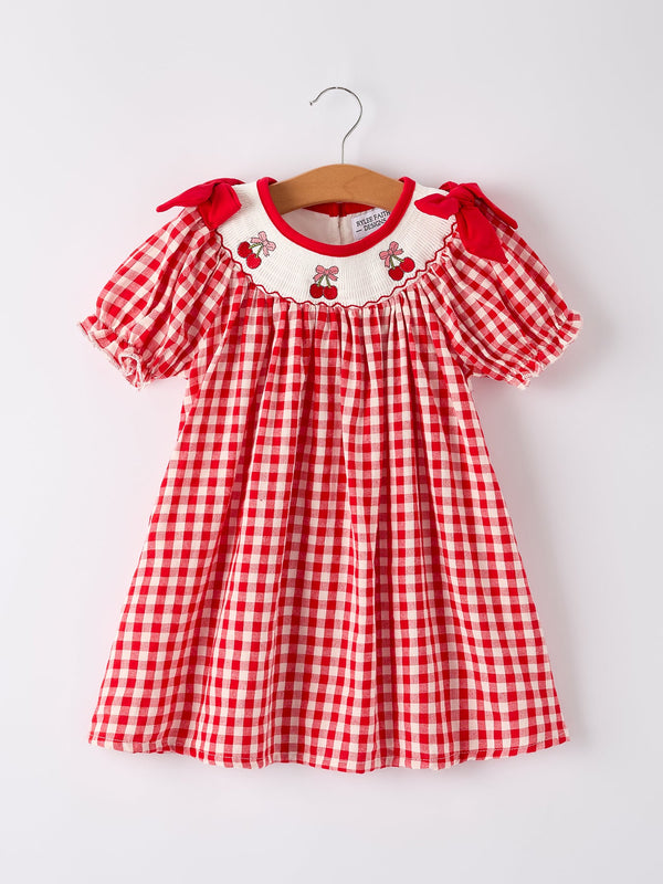 red-cherry-bow-plaid-smocking-embroidery-girls-dress Rylee Faith Designs - Sophia's StyleDress-1