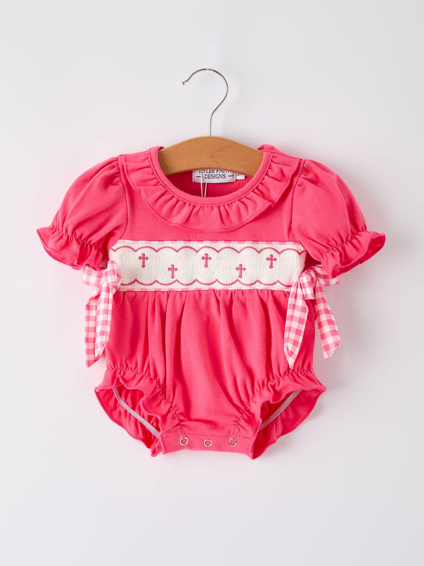 hot-pink-smocked-church-christ-bishop-christening-romper Rylee Faith Designs - Sophia's StyleRomper-1