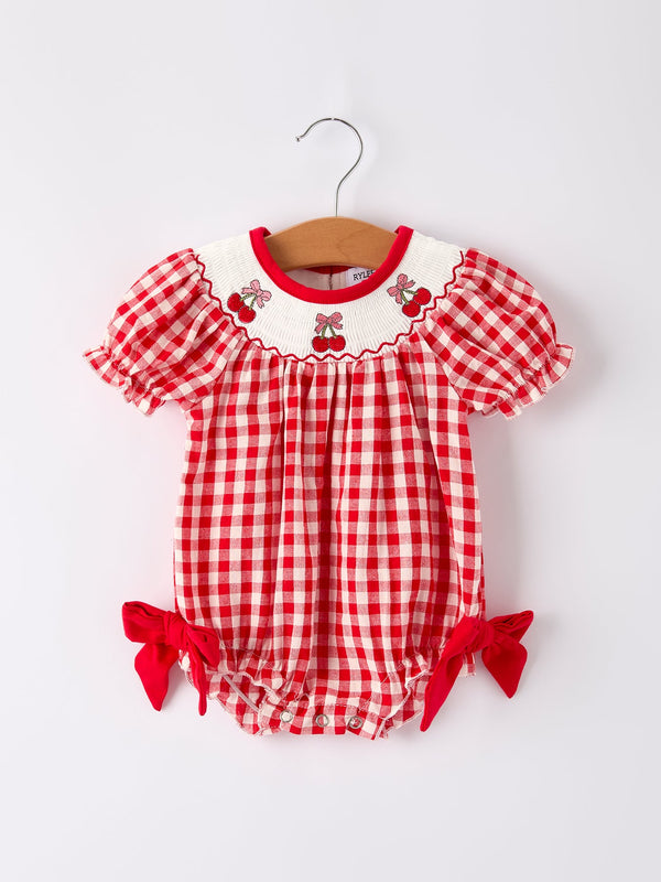 red-cherry-bow-plaid-smocking-embroidery-girls-romper-1 Rylee Faith Designs - Sophia's StyleRomper-1