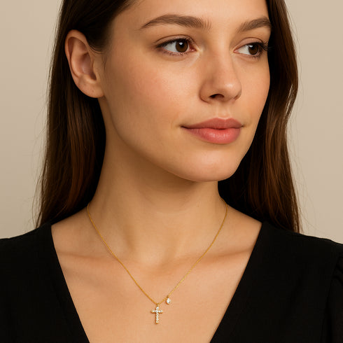gold-plated-sterling-silver-cross-necklace-with-sparkling-cz-and-floral-charm-Sophia's Style-5