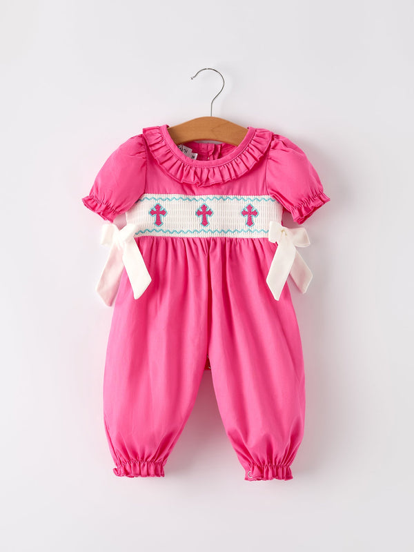 pink-smocked-church-christ-bishop-christening-bow-baby-girl-romper Rylee Faith Designs - Sophia's StyleRomper-1