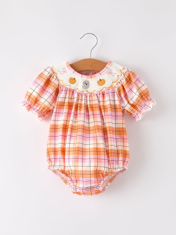 halloween-pumpkin-bow-ghost-smock-embroidered-plaid-girls-romper Rylee-Faith-Designs-Sophia's StyleRomper-1