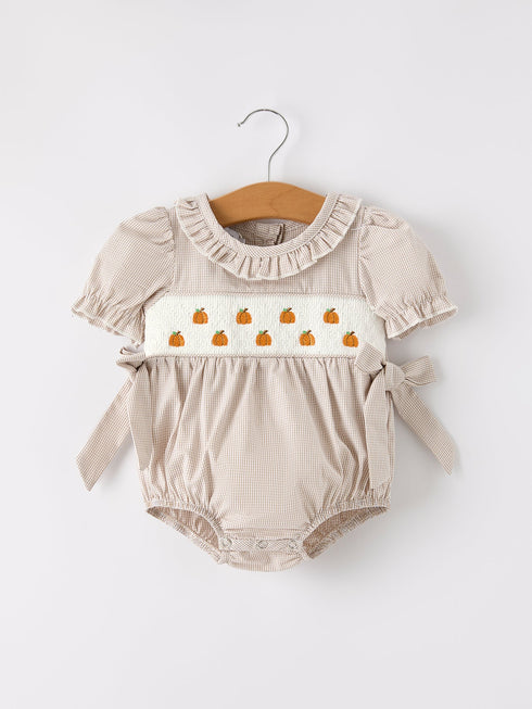 fall-halloween-thanksgiving-pumpkin-embroidery-smock-plaid-baby-girl-romper Rylee Faith Designs - Sophia's StyleRomper-1