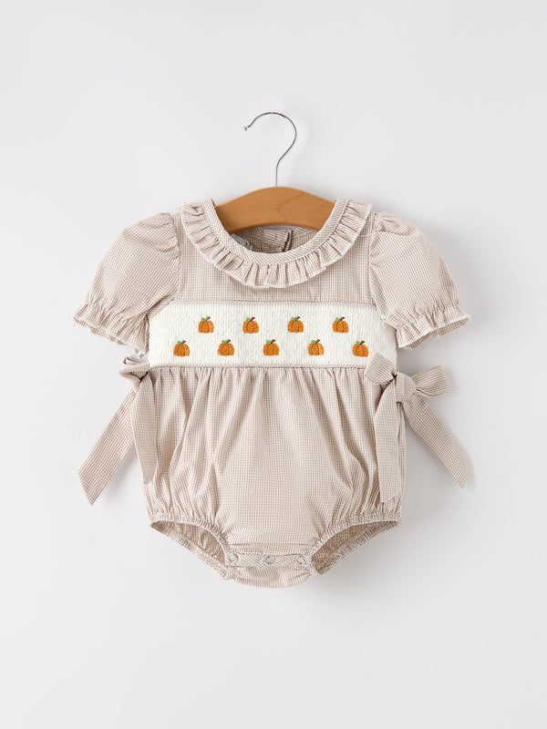 fall-halloween-thanksgiving-pumpkin-embroidery-smock-plaid-baby-girl-romper Rylee Faith Designs - Sophia's StyleRomper-1