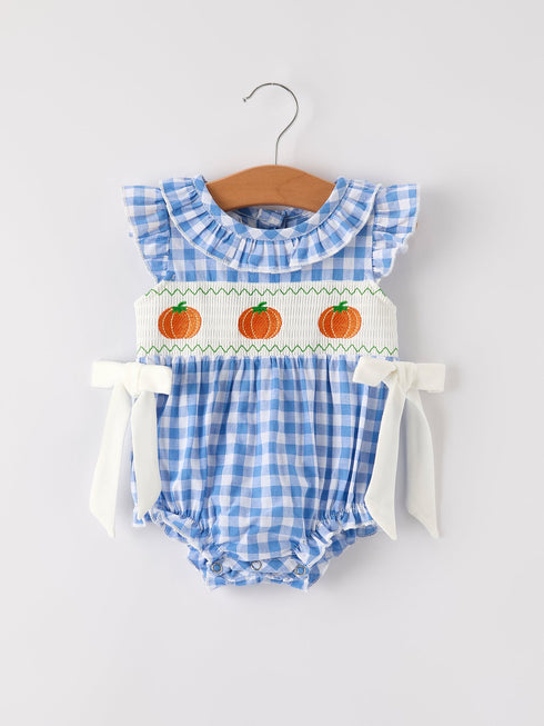 fall-thanksgiving-halloween-blue-pumpkin-smock-embroidery-baby-girl-romper Rylee-Faith-Designs-Sophia's StyleRomper-1