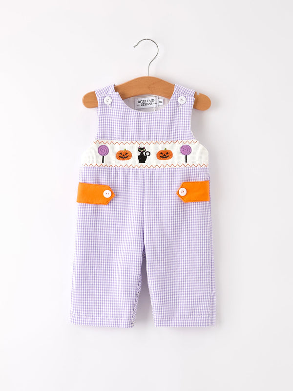 fall-halloween-purple-balloon-pumpkin-cat-smock-embroidery-baby-boy-romper Rylee-Faith-Designs-Sophia's StyleRomper-1