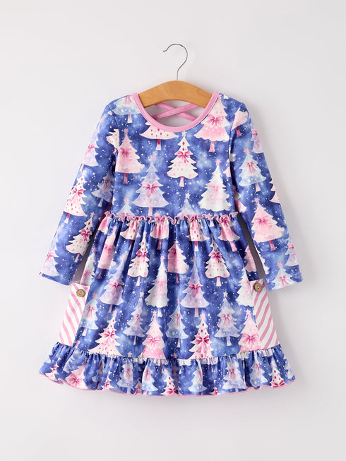 winter-purple-christmas-tree-long-sleeve-ruffle-pocket-girls-dress-Sophia's Style-Dress-1
