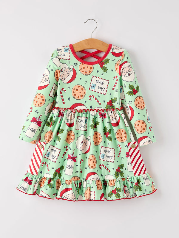 winter-christmas-green-santa-girls-pocket-ruffle-dress-Sophia's Style-Dress-1