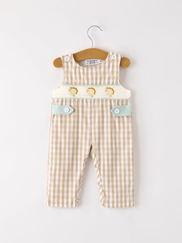 fall-thanksgiving-apricot-plaid-chick-embroidery-smocking-baby-boys-romper Rylee-Faith-Designs-Sophia's StyleRomper-1
