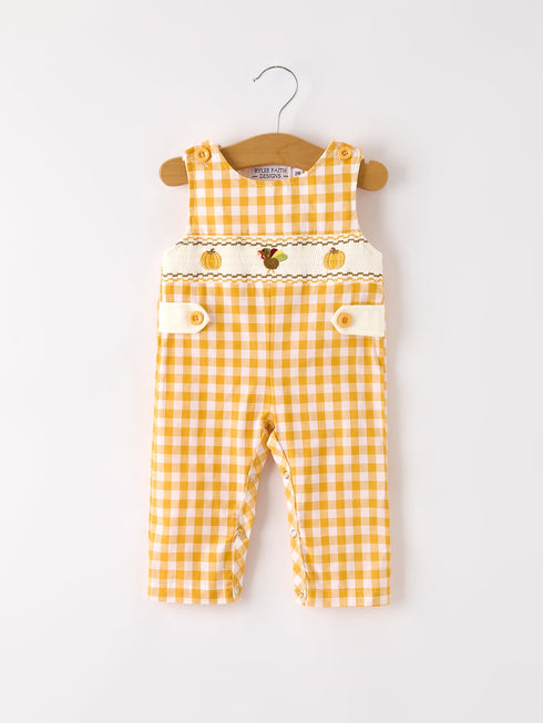 autumn-thanksgiving-yellow-plaid-turkey-pumpkin-embroidery-smock-boys-romper Rylee-Faith-Designs-Sophia's StyleRomper-1