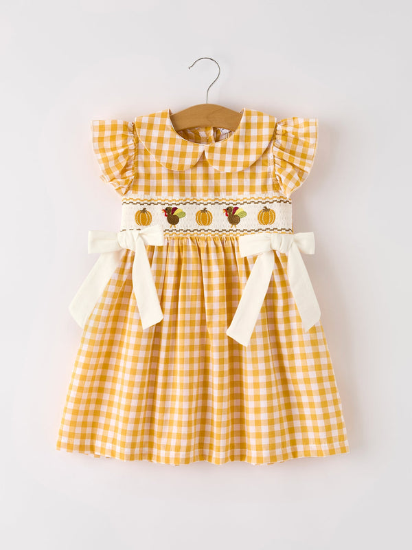 autumn-thanksgiving-yellow-plaid-turkey-pumpkin-embroidery-smock-girl-dress Rylee-Faith-Designs-Sophia's StyleDress-1