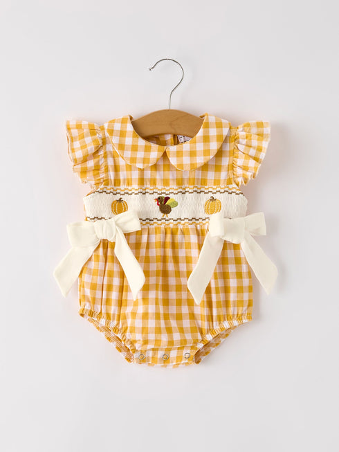 autumn-thanksgiving-yellow-plaid-turkey-pumpkin-embroidery-smock-girls-romper Rylee-Faith-Designs-Sophia's StyleRomper-1