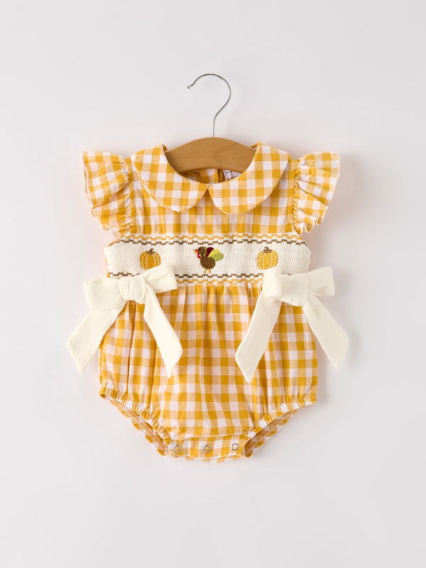 autumn-thanksgiving-yellow-plaid-turkey-pumpkin-embroidery-smock-girls-romper Rylee-Faith-Designs-Sophia's StyleRomper-1