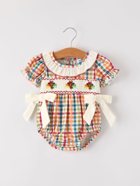 fall-thanksgiving-color-plaid-chick-embroidery-smocking-baby-girls-romper Rylee-Faith-Designs-Sophia's StyleRomper-1