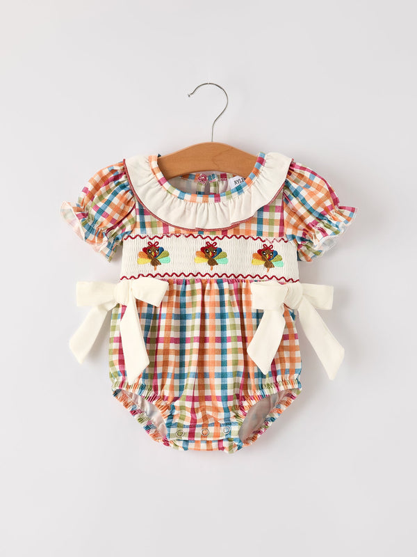 fall-thanksgiving-color-plaid-chick-embroidery-smocking-baby-girls-romper Rylee-Faith-Designs-Sophia's StyleRomper-1