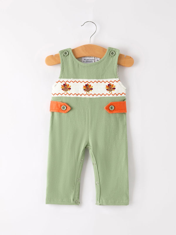 fall-thanksgiving-chicken-smock-embroidered-green-boys-romper Rylee-Faith-Designs-Sophia's StyleRomper-1