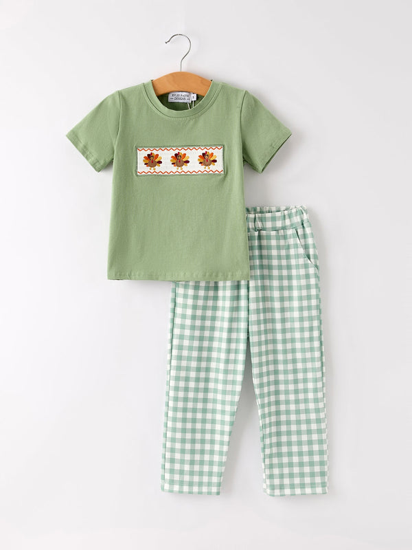 fall-thanksgiving-chicken-smock-embroidered-green-plaid-boys-set Rylee-Faith-Designs-Sophia's StyleOutfit-1