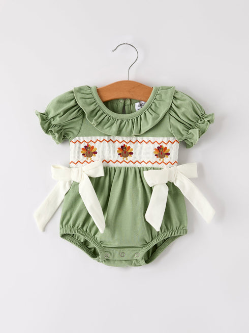 fall-thanksgiving-chicken-smock-embroidered-green-baby-girl-romper Rylee-Faith-Designs-Sophia's StyleRomper-1
