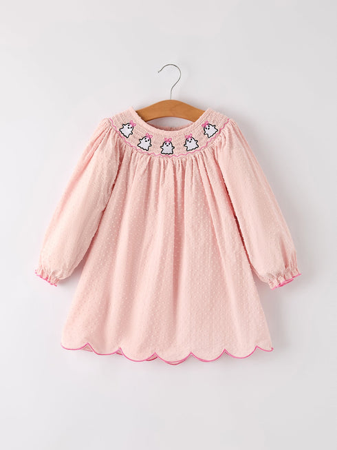 autumn-halloween-light-pink-ghost-embroidery-smock-girl-dress-Sophia's Style-Dress-1