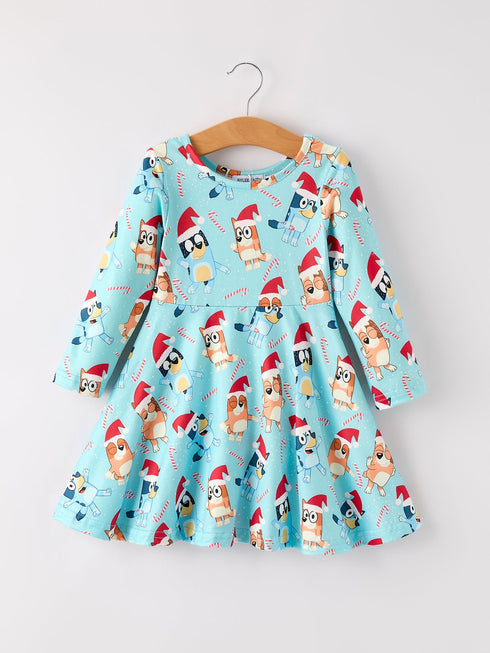 winter-christmas-character-print-blue-girls-long-sleeve-dress Rylee Faith Designs - Sophia's StyleDress-1